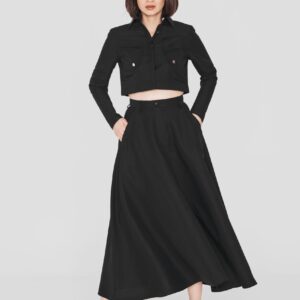 Aleksander Revas – SWALLOW | Black Linen and Tencel™ Midi Cloche Skirt