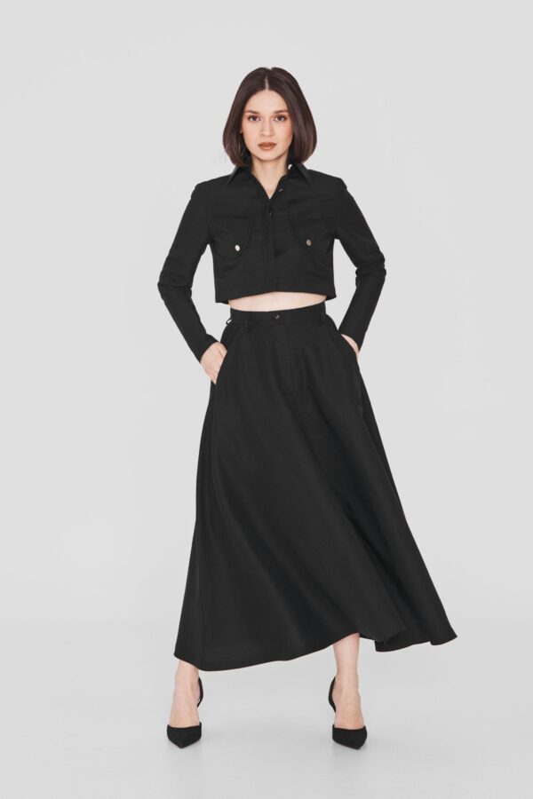 Aleksander Revas – SWALLOW | Black Linen and Tencel™ Midi Cloche Skirt